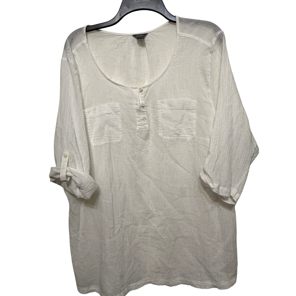 Eddie Bauer Womens 2XL White Gauze Henley Tunic Roll Tab Sleeve Blouse 3/4 Sleev